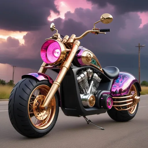 Prompt: A steampunk ultramodern fat-tire electric raked out chopper-scooter self-driven by a humanoid AI upper torso & head auto-driver controller. Bright acrylic iridescent mirror reflective chrome & dark purple storm clouds, with hot pink & metallic green lightning design on the scooter, pearlescent white & obsidian black, teal, blood red, hot pink, gold,  copper, brass, clear acrylic, hyperrealistic, cool unique design, polished aluminum, unique design electric motorcycle. Perfect 3D photo, golden hour under storm clouds perfect lighting.