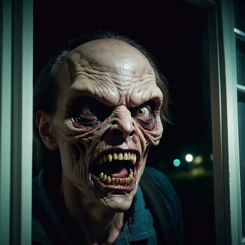 Prompt: A truly horrifying face appears suddenly outside the window late at night. Cinematic film still, shot on v-raptor XL, film grain, vignette, color graded, post-processed, cinematic lighting, 35mm film, live-action, best quality, atmospheric, a masterpiece, epic, stunning, dramatic