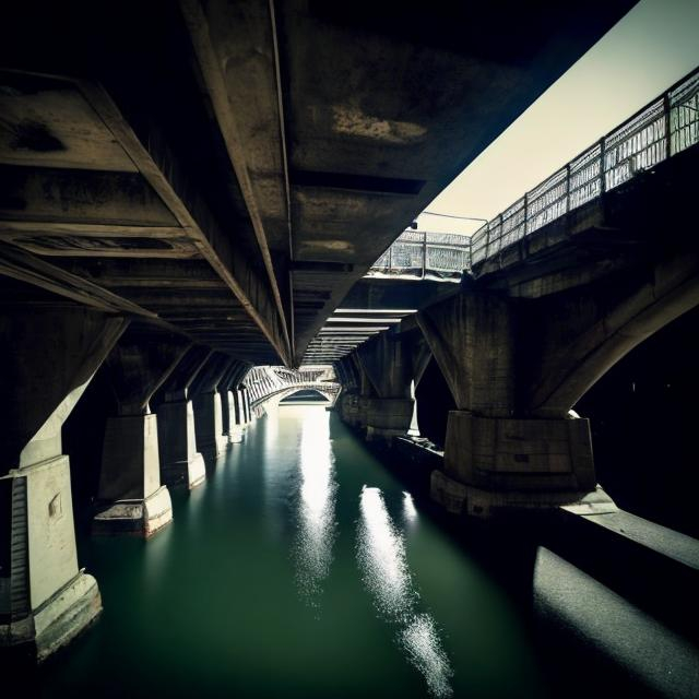 Prompt: A huge evil trolll  bridge partly visible in the deep shadows under a bridge. photo quality