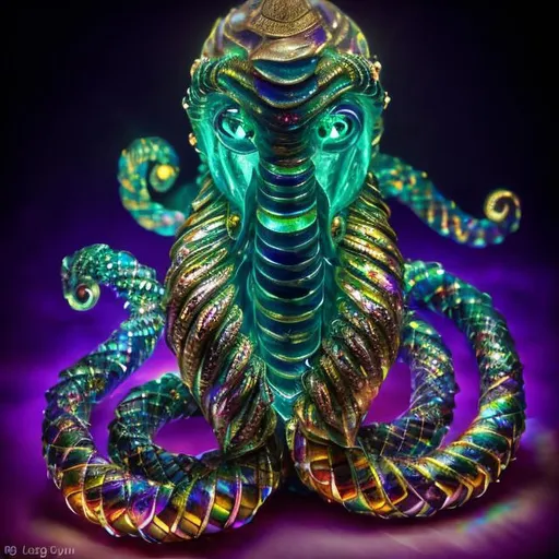 Prompt: Bejeweled egyptian sculpture of a spiral swimming sea serpent with iridescent scales, crystal fins, eight whip-like stinging tentacles made of gold, & a lantern fish-like head with bioluminescent lure glowing on top, & gaping mouth full of needle-teeth including some even longer than its face. high quality, epic bright lighting, perfect focus, detailedò details, realistic, 3D.