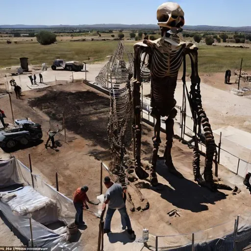 Prompt: A modern archeologist is uncovering the ancient burial site of a 30 foot tall giant humanoid skeleton. Photo quality