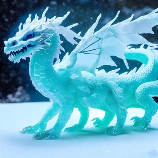 Prompt: A snow dragon made of entirely clear, transparent glass is hunting sheep, as fire builds up inside of it.