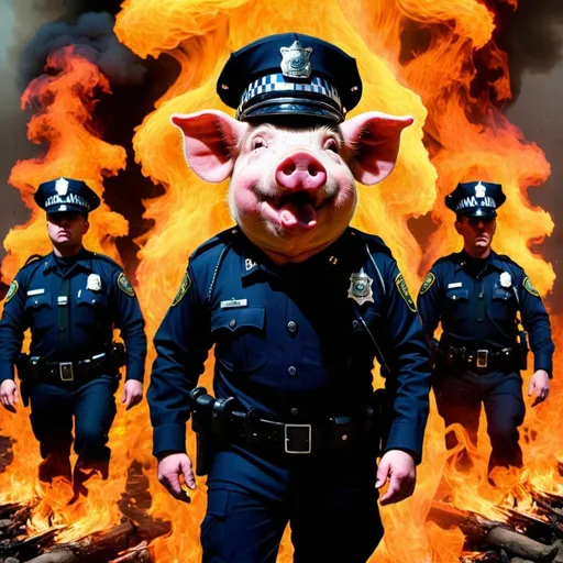 Prompt: Psychedelic demonic pig-police officers surrounded by burning flames & smoke.