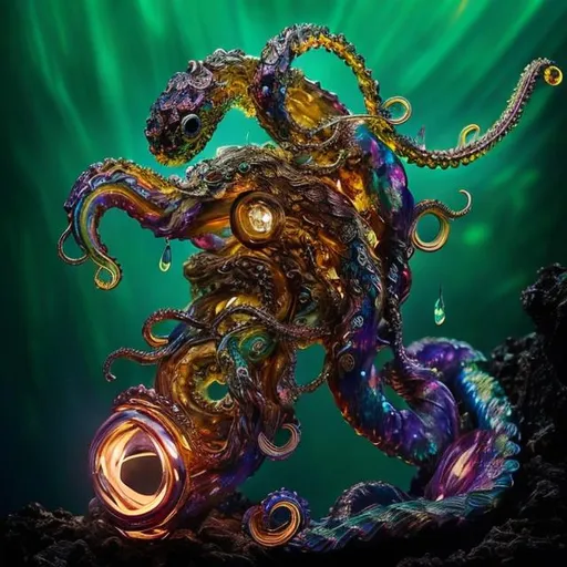 Prompt: A bejeweled crystal sculpture of a spiral swimming sea serpent with iridescent scales & eight whip-like stinging tentacles made of gold, & a lantern fish-like head with bioluminescent lure glowing on top, & gaping mouth full of needle-teeth including some even longer than its face. high quality, epic bright lighting, perfect focus, detailed, perfect contrast, balanced, intricate details, realistic, 3D.