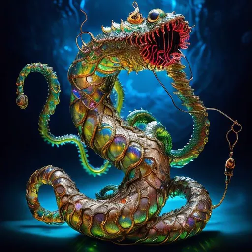 Prompt: A bejeweled sculpture of a spiral swimming sea serpent with iridescent scales & eight writhing & stinging tentacles made of gold, & a lantern fish-like head with bioluminescent lure on top & gaping mouth full of needle-teeth including some even longer than its face. high quality, epic bright lighting, perfect focus, detailed, perfect contrast, balanced, intricate details, realistic, 3D.