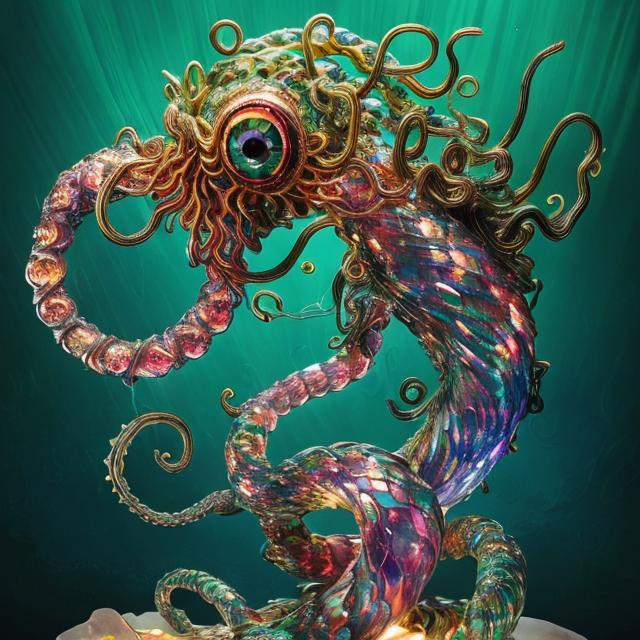 Prompt: A bejeweled crystal sculpture of a spiral swimming sea serpent with iridescent scales & eight whip-like stinging tentacles made of gold, & a lantern fish-like head with bioluminescent lure glowing on top, & gaping mouth full of needle-teeth including some even longer than its face. high quality, epic bright lighting, perfect focus, detailed, perfect contrast, balanced, intricate details, realistic, 3D.