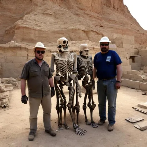 Prompt: Two archeologists pose for a photo, on-site with the skeleton of a giant humanoid they're currently uncovering.