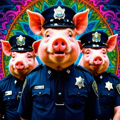 Prompt: Psychedelic demonic pig-police officers.