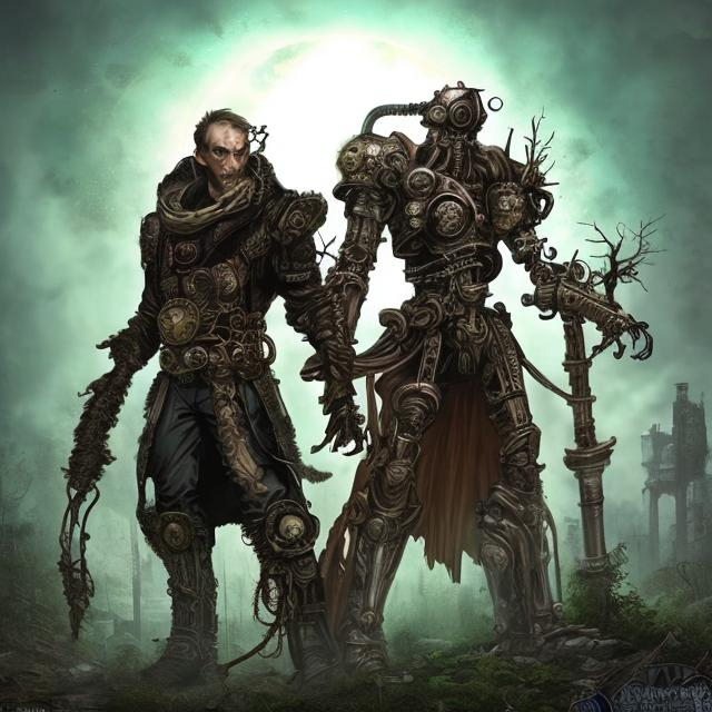 Prompt: The evil, cyborg sorcerer & warlord called Gemini rules the overgrown ruins of 20th century cities, in a post-apocalyptic Earth reclaimed by nature. Steampunk.