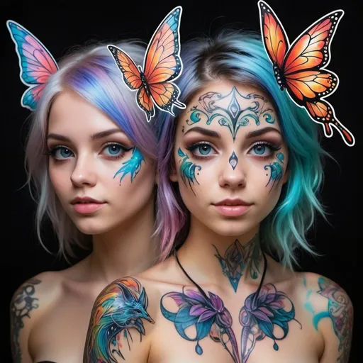 Prompt: An Incredibly gorgeous & cute young trio of pale female fairy-witches with wet looking dark & light hair show off their fully 100% coverage color tatooed covered fulll-body art designs depicting animals & magic themed drawings of neon colored creatues flying in a whirlwind with multi-colored iridescent vihes & lightnight lines all around, covered only by thin leather straps., professional photography, bokeh, natural lighting, canon lens, shot on dslr 64 megapixels sharp focus, full body tatoos, super busy background, full body head to toe image