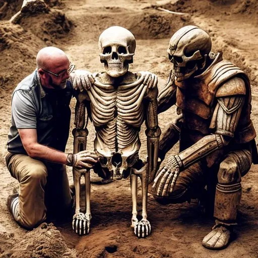 Prompt: Two archeologists kneel next to the skeleton of a giant humanoid they're currently uncovering from under the ground. Photo quality