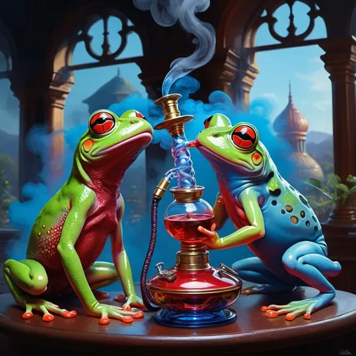 Prompt: A frog & a gecko blow thick smoke inhaled from a beautiful glass hookah. oil gouache, acrylic, high contrast, colorful polychromatic metallic & iridescent colors, blood red, electric blue, bizmuth glass, Epic cinematic brilliant stunning intricate meticulously detailed dramatic atmospheric maximalist digital matte painting , ultra detailed, ultra quality, CGSociety