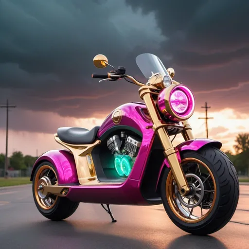 Prompt: An AI head & torso autodriver on a raked out, all mirror reflective chrome steampunk ultramodern fat-tire electric scooter with neon accents & a display screen in the center. Bright acrylic iridescent  & dark purple storm clouds, with hot pink & metallic green lightning design on the scooter, pearlescent white & obsidian black, teal, blood red, hot pink, gold,  copper, brass, clear acrylic, hyperrealistic, cool unique design, polished aluminum, unique design electric motorcycle. Perfect 3D photo, golden hour under storm clouds perfect lighting.