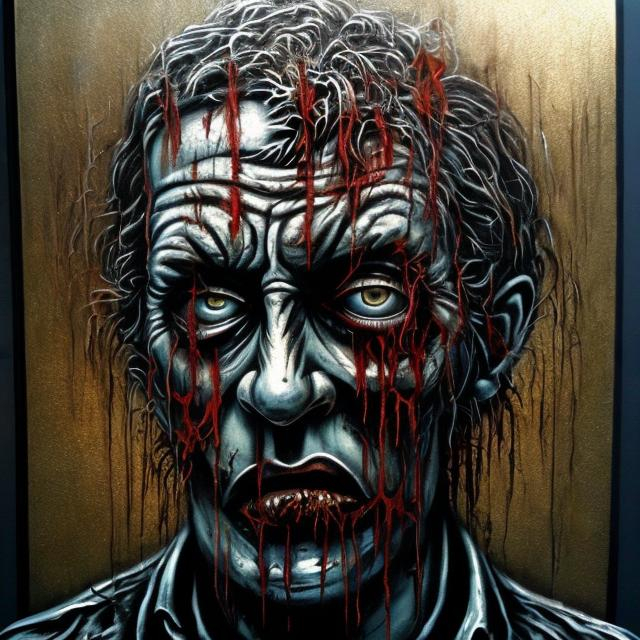 Prompt: "Tormented Man" style horror painting masterpiece done in metallic spraypaint grafitti, except far more disturbing & brilliant.