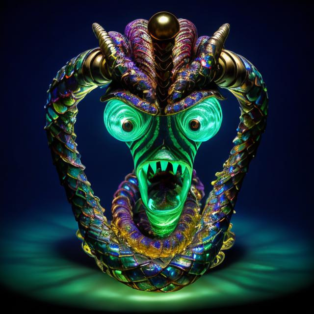 Prompt: Bejeweled egyptian sculpture of a spiral swimming sea serpent with iridescent scales, crystal fins, eight whip-like stinging tentacles made of gold, & a lantern fish-like head with bioluminescent lure glowing on top, & gaping mouth full of needle-teeth including some even longer than its face. high quality, epic bright lighting, perfect focus, detailedò details, realistic, 3D.