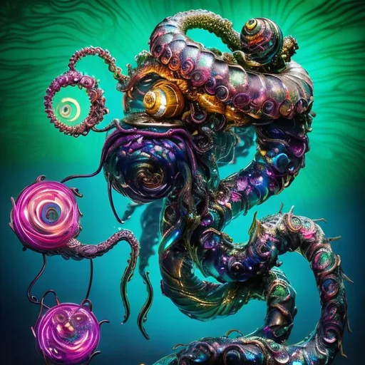 Prompt: A bejeweled sculpture of a spiral swimming sea serpent with iridescent scales & eight writhing & stinging tentacles made of gold, & a lantern fish-like head with bioluminescent lure on top & gaping mouth full of needle-teeth including some even longer than its face. high quality, epic bright lighting, perfect focus, detailed, perfect contrast, balanced, intricate details, realistic, 3D.