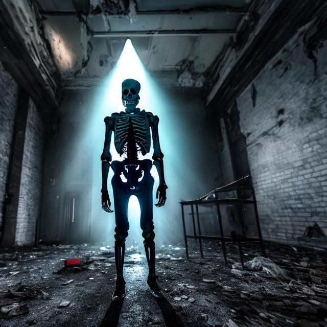 Prompt: A scary ghost who's skeleton can be seen bemeath its ephemeral outer flesh & clothing suddenly appears in the flashlight beam of a man investigating abandoned factory. high quality, epic bright lighting, perfect focus, detailedò details, realistic, 3D.