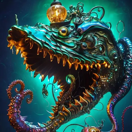 Prompt: Bejeweled sculpture of a sea monster with iridescent scales,  fins, eight whip-like stinging tentacles made of gold, & a lantern fish-like head with bioluminescent lure glowing on top, huge eyes, & gaping mouth full of long needle-teeth, & a mermaid-like body. high quality, epic bright lighting, perfect focus, detailedò details, realistic, 3D.