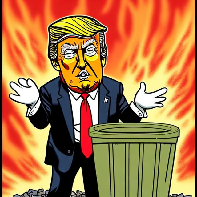 Prompt: Donald Trump as a dumpster-fire political cartoon by Walt Disney.