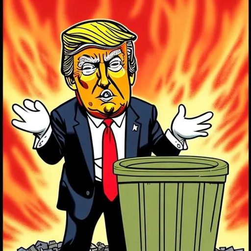 Prompt: Donald Trump as a dumpster-fire political cartoon by Walt Disney.