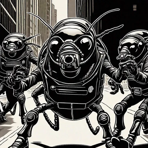 Prompt: Insectoid cockroach-police officers, cockroaches dressed in their full cop uniforms, all fleeing in terror from a giant camera that says "RAID" on it.