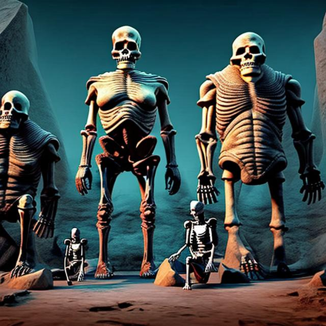 Prompt: Two archeologists kneel beside the skeletons of two giant humanoids in an ancient burial they're currently uncovering. Photo quality