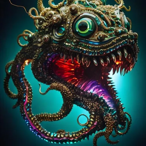 Prompt: Bejeweled sculpture of a sea monster with iridescent scales, obsidian fins, eight whip-like stinging tentacles made of gold, & a lantern fish-like head with bioluminescent lure glowing on top, huge eyes, & gaping mouth full of needle-teeth including some even longer than its face. high quality, epic bright lighting, perfect focus, detailedò details, realistic, 3D.