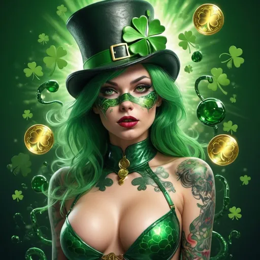 Prompt: Incredibly beautiful tatoo covered female cat-woman wearing only a tophat & skimpy, transparent clothes, & she's entirely covered head to toe in incredibly intricate tricolor green, St. Patricks day related tatoos all ranging in color between super light hammered metallic green to dark iridescent green, & a super busy background incorporating blood red & hammed chrome colored symbols, gold lightning, fleeing snakes, fractals, coin bubbles. St. Patricks day, cane, & fleeing snakes, & 4-leaf shamrock leaves. High quality, epic bright lighting, perfect focus, detailed details, realistic, 3D high-quality photo, busy background, party streamers, irridescent bubbles,