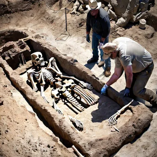 Prompt: A modern archeologist uncovering an ancient burial site containing a giant humanoid skeleton. Photo quality