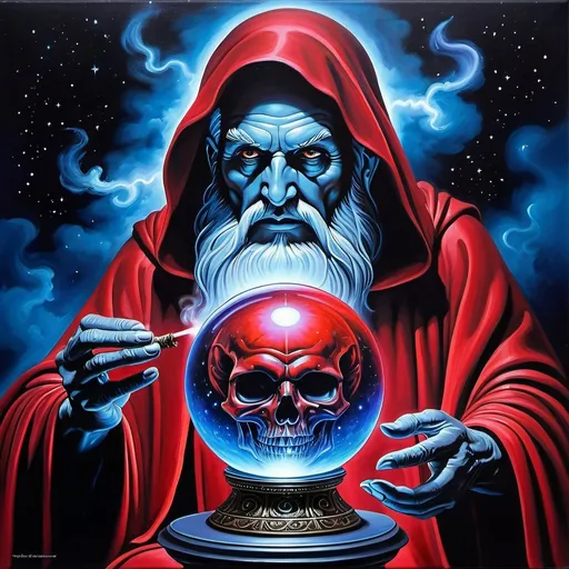 Prompt: A magic crystal ball lets an ancient human wizard to talk to a demon-alien head. smoke & magic, highly detailed, rich acrylic colors photo quality painting, cosmic astral time theme, dark foreboding, shadowed, scary, blood red, dark gray, electric blues, metal, horror,