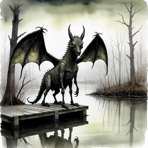 Prompt: Across the dark, still waters of a swampy marsh the shadowy form of the Jersey Devil is perched on top of a piling nearby the ruins of an old rundown boathouse & one-time dock. On a dark & cloudy winters day with light foggy mist hanging still on the water. A dark moody watercolor painting featuring the Jersey Devil bipedal horse-headed bat-winged short-arms with clawed hands cryptid creature. muted dark greens & mossy green, dark brown shades, faded black & shadows
