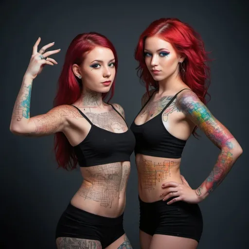 Prompt: An Incredibly gorgeous & cute young pair of female dancers with red & black hair show off their fully 100% coverage color tatooed covered fulll-body art depicting mathematical equations, tesseracts, fractals, rules, & drawings of neon colored mathematical symbols & equations are flying in a whirlwind with multi-colored iridescent all around. Professional photography, bokeh, natural lighting, canon lens, shot on dslr 64 megapixels sharp focus, full body mathematical equation & factal tatoos, super busy background,  full body head to toe image