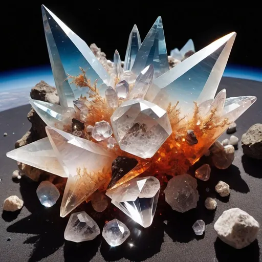 Prompt: In space outside the viewport of an lien ship, sits a long-time burned out star that has become a mass of quartz crystals of every size & color imaginable. photo quality 