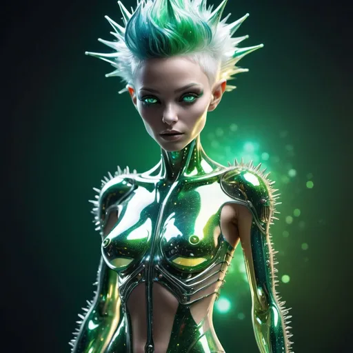 Prompt: Incredible full body image of a beatiful humanoid alien female with white fading to dark green iridescent spikey hair, dressed in transparent skimpy, acrylic clothes, electricty, fractals, & bubbles, metallic greens, electric blues, golds, hammed chrome, high quality, epic bright lighting, perfect focus, detailed details, realistic, 3D.
