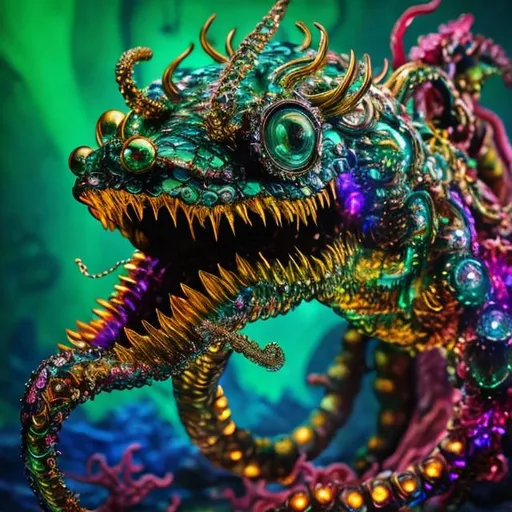 Prompt: Bejeweled sculpture of a sea monster with iridescent scales, crystal fins, eight whip-like stinging tentacles made of gold, & a lantern fish-like head with bioluminescent lure glowing on top, & gaping mouth full of needle-teeth including some even longer than its face. high quality, epic bright lighting, perfect focus, detailedò details, realistic, 3D.