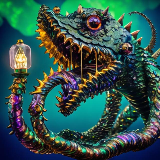 Prompt: Bejeweled sculpture of a sea monster with iridescent scales, crystal fins, eight whip-like stinging tentacles made of gold, & a lantern fish-like head with bioluminescent lure glowing on top, & gaping mouth full of needle-teeth including some even longer than its face. high quality, epic bright lighting, perfect focus, detailedò details, realistic, 3D.