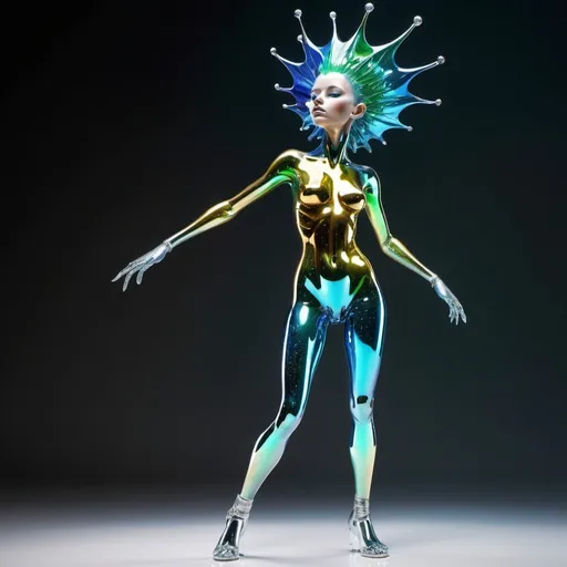 Prompt: Incredible full body glass sculpture of a beatiful alien female with white fading to black iridescent spikey hair, metallic green, electric blue, gold, hammed chrome, transparent skimpy, acrylic clothes. electricty, fractals, & bubbles, high quality, epic bright lighting, perfect focus, detailed details, realistic, 3D.