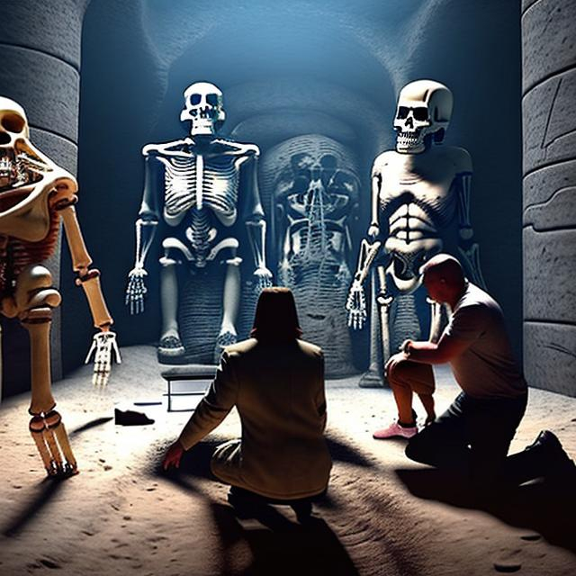 Prompt: Two modern archeologists kneel beside two giant humanoid skeletons in an ancient burial they're currently uncovering. Photo quality