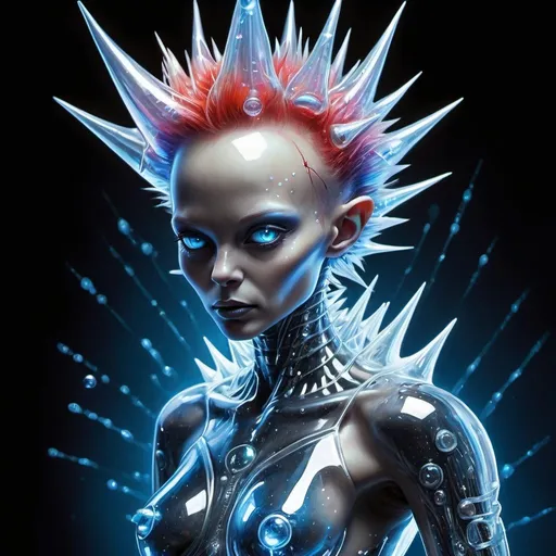 Prompt: A spiky haired beautiful humanoid alien in clear acrylic clothing. painting masterpiece done in metallic spraypaint grafitti, transparent acrylic clothing, obsidian, iridescent, vermillion, electric blue, pearl white, disturbing & brilliant. Super beautiful alien female with a cosmic bubbles & space lightning bolts.