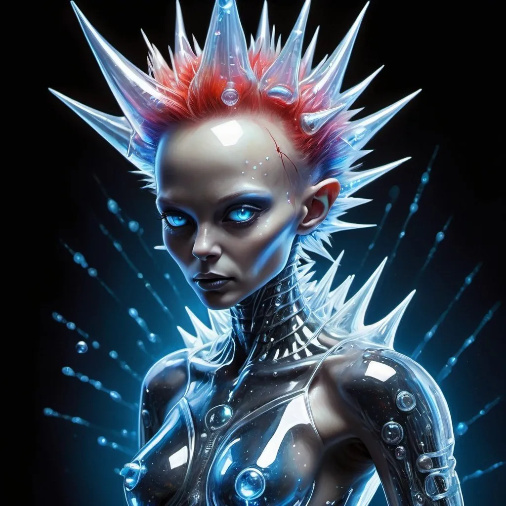 Prompt: A spiky haired beautiful humanoid alien in clear acrylic clothing. painting masterpiece done in metallic spraypaint grafitti, transparent acrylic clothing, obsidian, iridescent, vermillion, electric blue, pearl white, disturbing & brilliant. Super beautiful alien female with a cosmic bubbles & space lightning bolts.