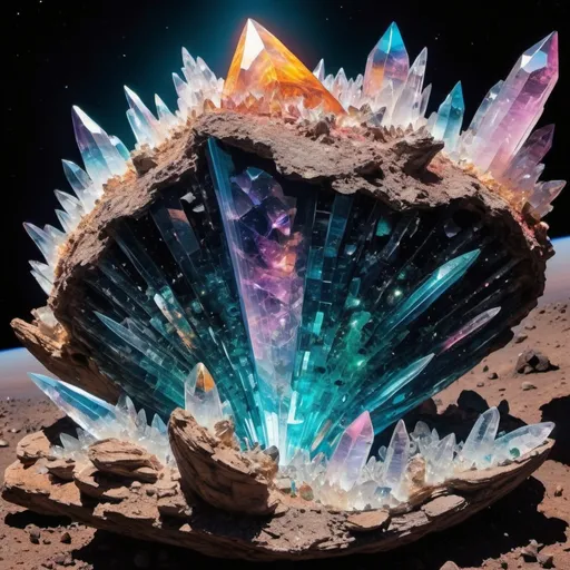 Prompt: Outside the viewport of an 0alien ship, sits a long-time burned out star that has become a mass of quartz crystals of every size & color imaginable. photo quality 
