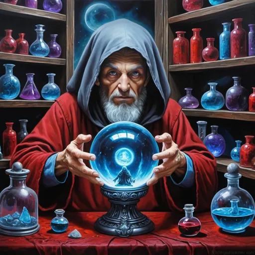 Prompt: A magic crystal ball lets an ancient human wizard contact a gray alien-demon. shelves of potions & inventions in the background, rich acrylic colors photo quality painting,  cosmic astral time theme, dark foreboding, shadowed, scary, blood red, dark gray, electric blues, metal.
