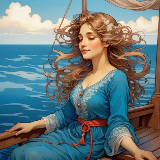Prompt: Standing confidently on a boat, a woman dressed in a vibrant blue kurta with intricate white embroidery exudes a sense of joy and serenity. Her hair, slightly tousled by the breeze, frames her face as she smiles gently, revealing a hint of warmth and approachability. The backdrop features a vast expanse of calm, blue water stretching to the horizon, where faint silhouettes of distant ships suggest an expansive maritime landscape under a clear sky. The boat’s weathered wooden railing and the vivid red bench evoke a rustic charm, contrasting with the tranquil blues to create a refreshing nautical scene. This moment captures a blend of cultural beauty and the soothing allure of the sea, adding depth to the narrative of adventure and connection with nature.