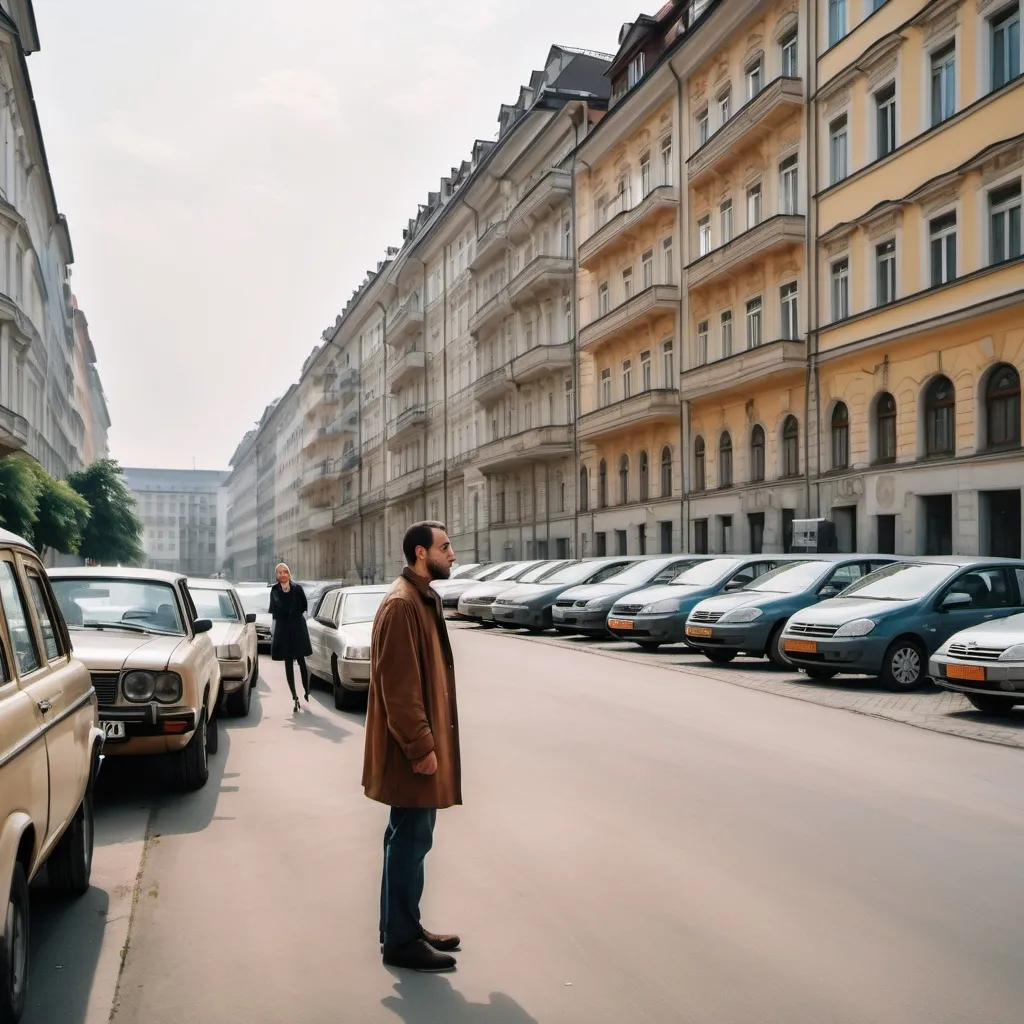 Prompt: a man standing on a sidewalk in front of a row of parked cars and buildings with a woman walking by, Abidin Dino, viennese actionism, city background, a picture