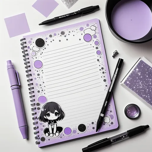 Prompt: Black and white cell shaded with a light purple filter and mini sparkles around the perimeter. Manga panel of a table with kawaii stationary and in the center an open blank a4 diary with stickers along the corner