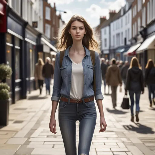 Prompt: Tall young woman walking down the high street, detailed clothing, realistic, natural lighting