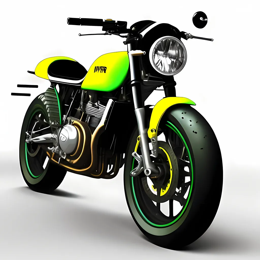 Prompt: Cafe racer bike full color realistic simple draw ergonomic geometrical perfect bright full green yellow lig strobes x 