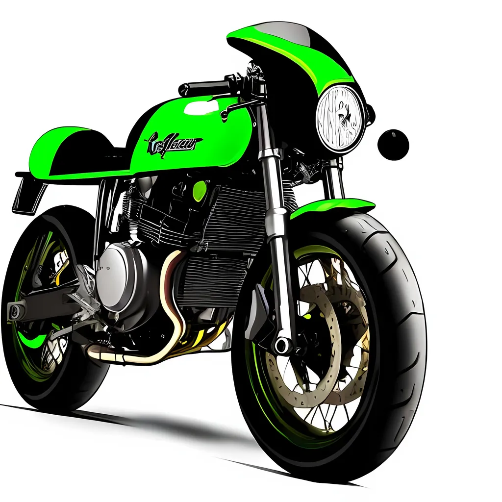 Prompt: Cafe racer bike full color realistic simple draw ergonomic geometrical perfect bright full green yellow lig strobes x 