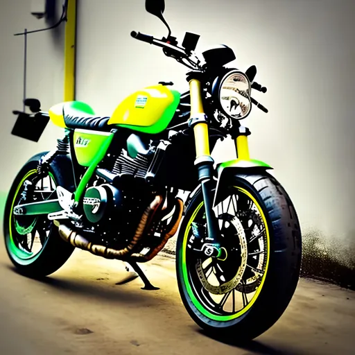 Prompt: Black Cafe racer bike full color realistic simple draw ergonomic geometrical perfect bright full green yellow lig strobes x hiper real shine black