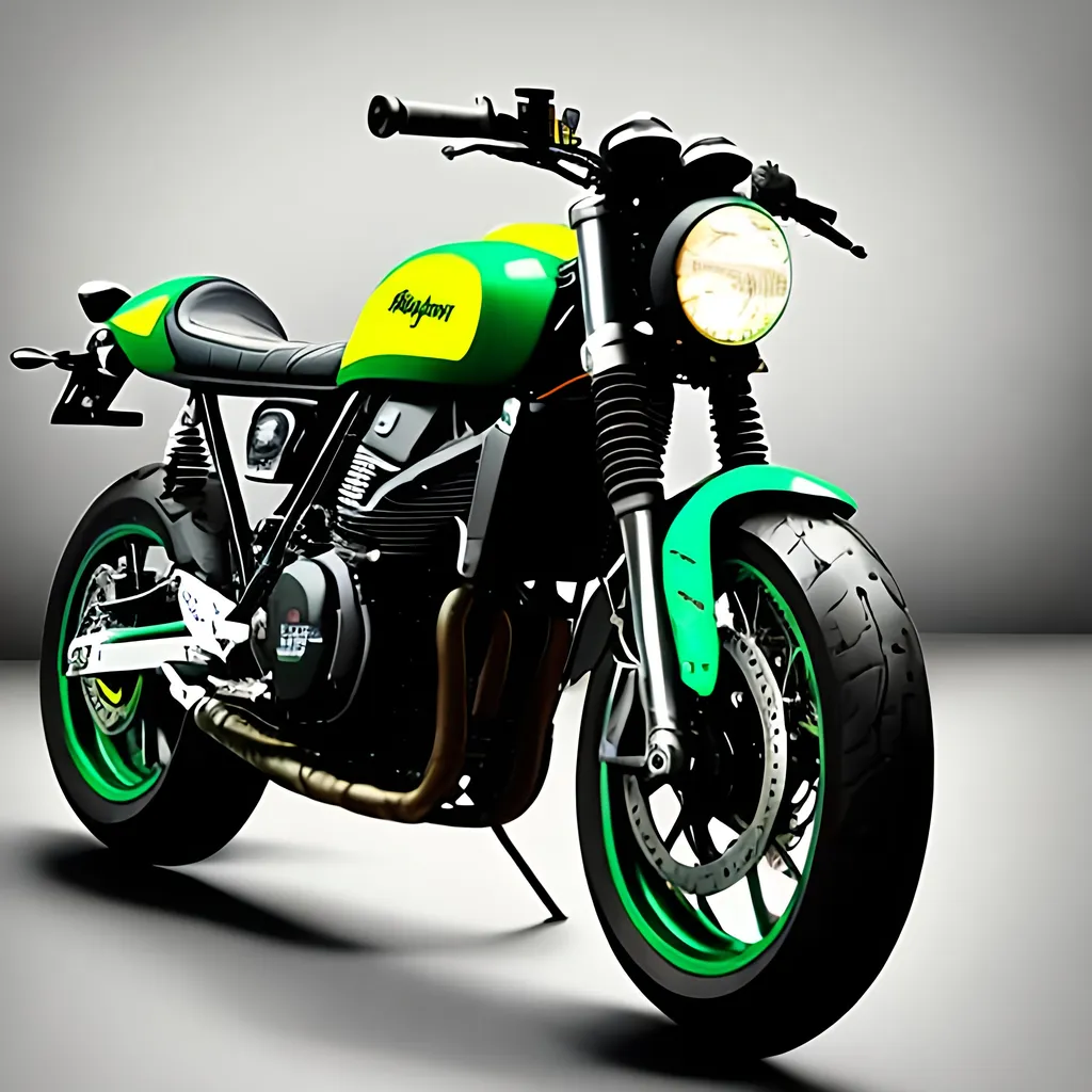 Prompt: Black Cafe racer bike full color realistic simple draw ergonomic geometrical perfect bright full green yellow lig strobes x hiper real shine 